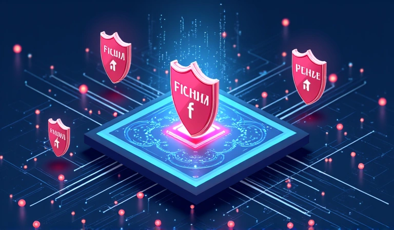 Cybersecurity concept illustration with a robust firewall protecting a network, showing secure data flow and threat prevention